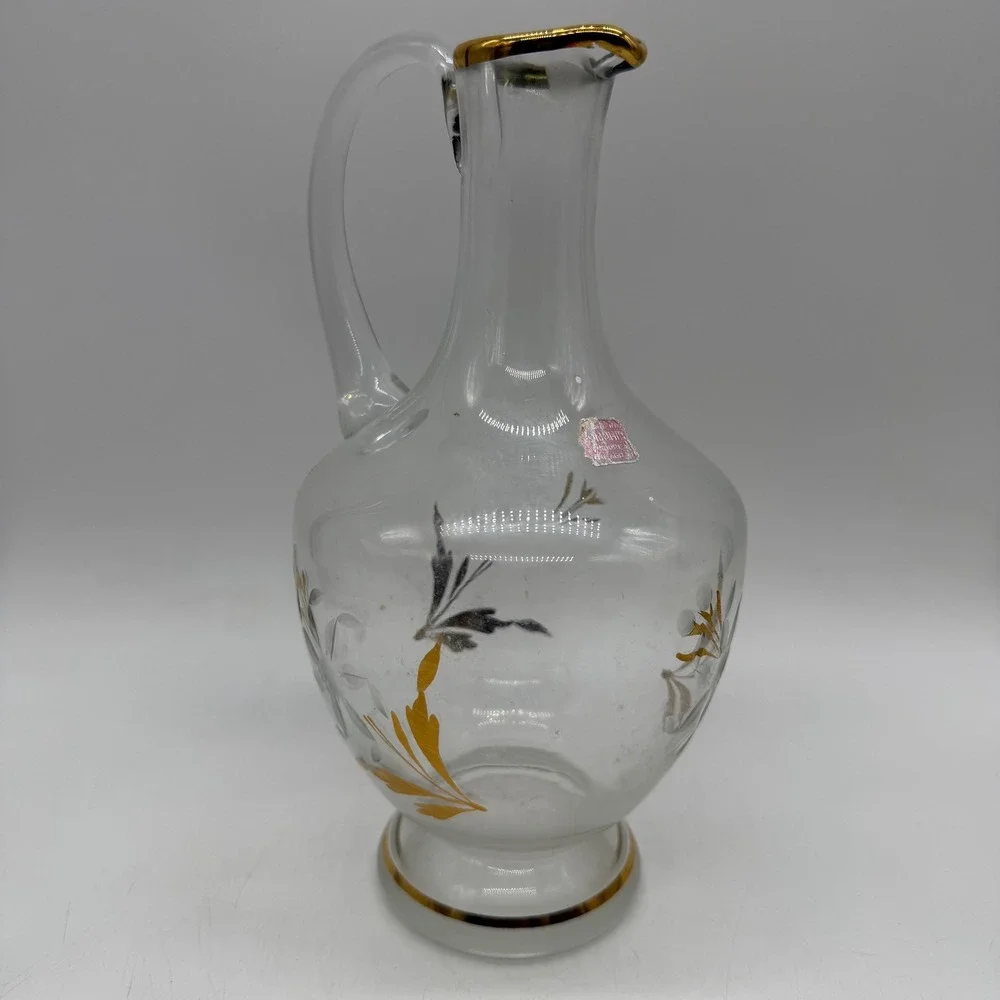 Vintage Etched Glass Decanter and Wine Glass Set Gold Silver‎ Leaf Floral Design